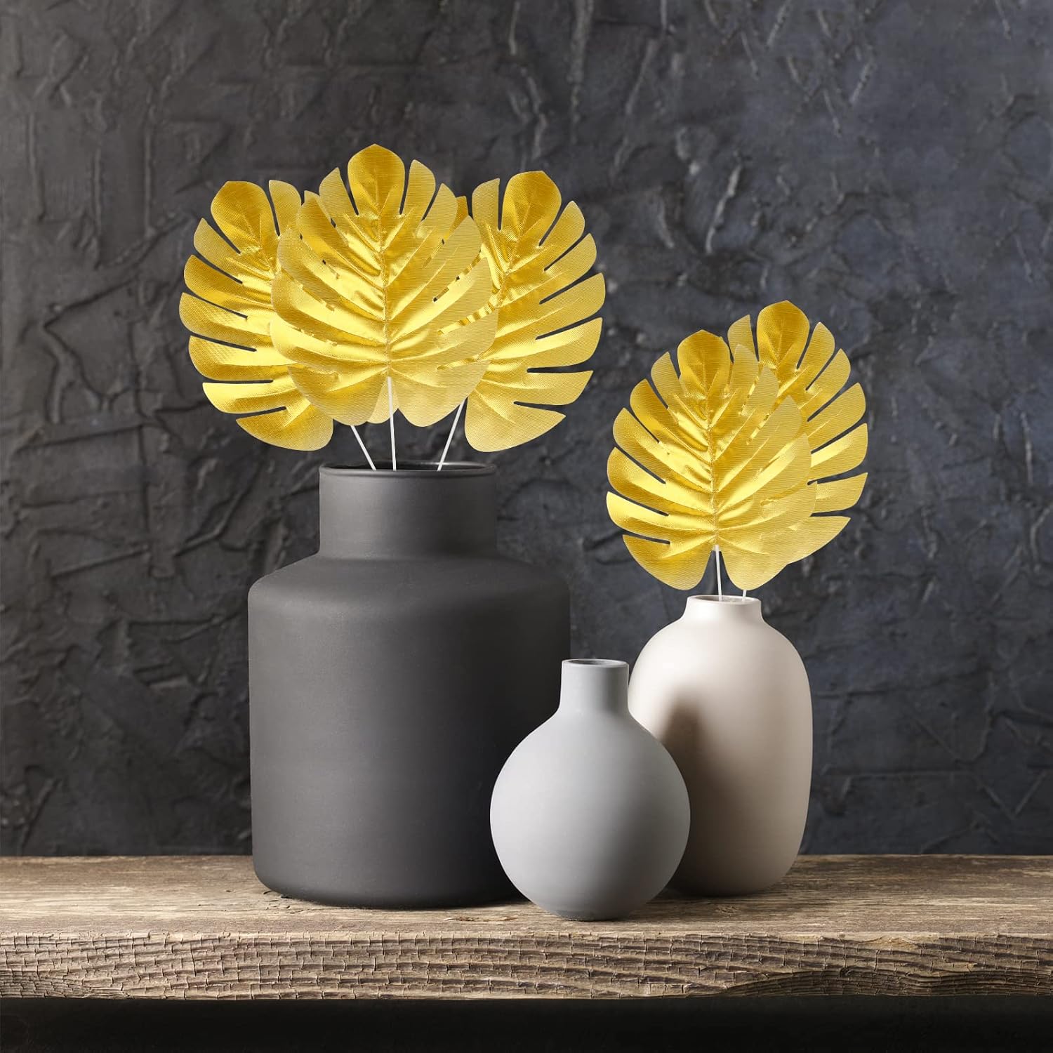 KIMOBER 24PCS Artificial Gold Palm Leaves, Golden Faux Tropical Monstera Leaves Realistic Artificial Plants Leaf for Home Hawaiian Luau Party Jungle Beach Decorations