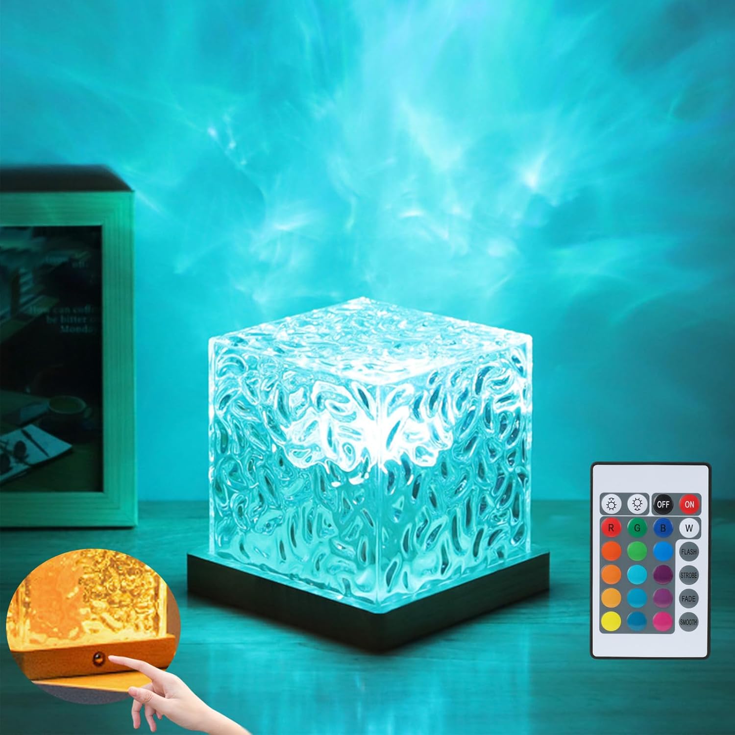 Aurora Ocean Wave Lights Projector, Cordless Rechargeable,16 Colors Changing Light Dimmable Mood Lighting, Remote Crystal Night Lamp with Dynamic Ripple Effect for Bedroom Playroom Decor Kids Teens