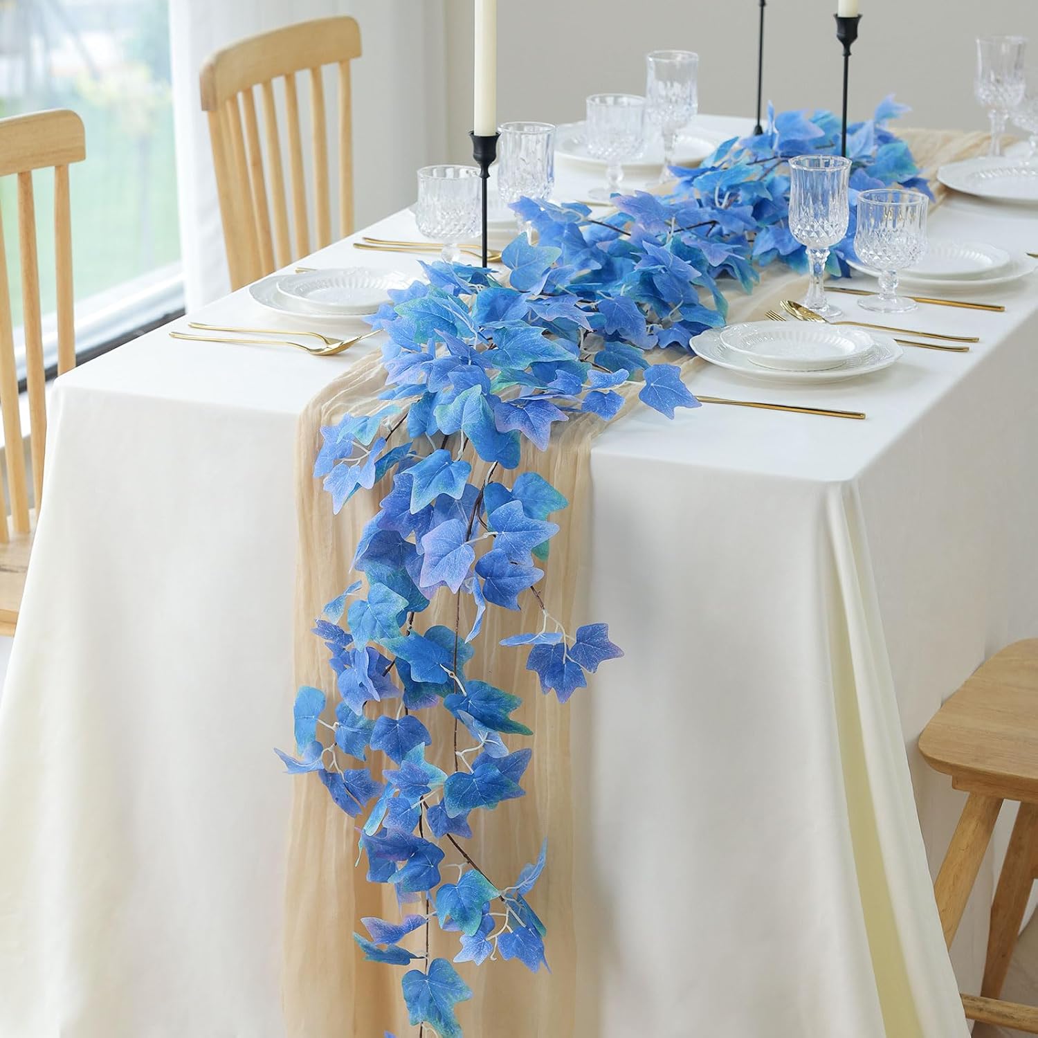 Mizii 3 Strands Artificial Vines Blue Ivy Garland 74" Fake Vine with Silk Leaves Faux Hanging Plants Greenery Decoration for Outdoors Wedding Party Indoor Bedroom Home Wall Room Decor (Blue)