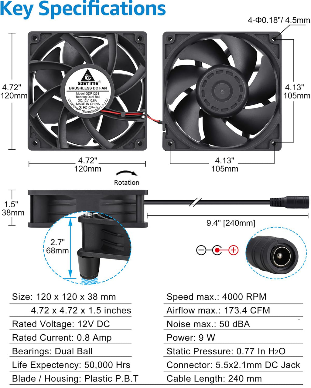 G‌DSTIME 120mm x 38mm Computer Fan with Variable Speed Controller, Powerful Airflow High Static Pressure 110V 220V AC Powered for Biltong Box, Server Rack, Solder Fume Extractor Cooling Ventilation