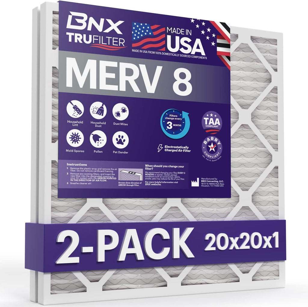 BNX 20x20x1 MERV 8 Air Filter 2 Pack - MADE IN USA - Electrostatic Pleated Air Conditioner HVAC AC Furnace Filters - Removes Dust, Mold, Pollen, Lint