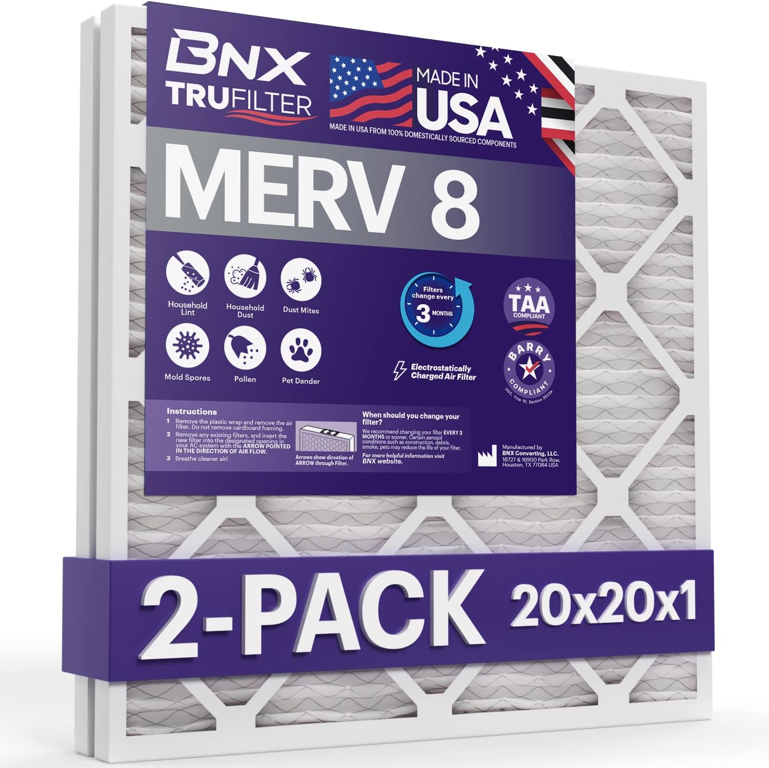 BNX 20x20x1 MERV 8 Air Filter 2 Pack - MADE IN USA - Electrostatic Pleated Air Conditioner HVAC AC Furnace Filters - Removes Dust, Mold, Pollen, Lint