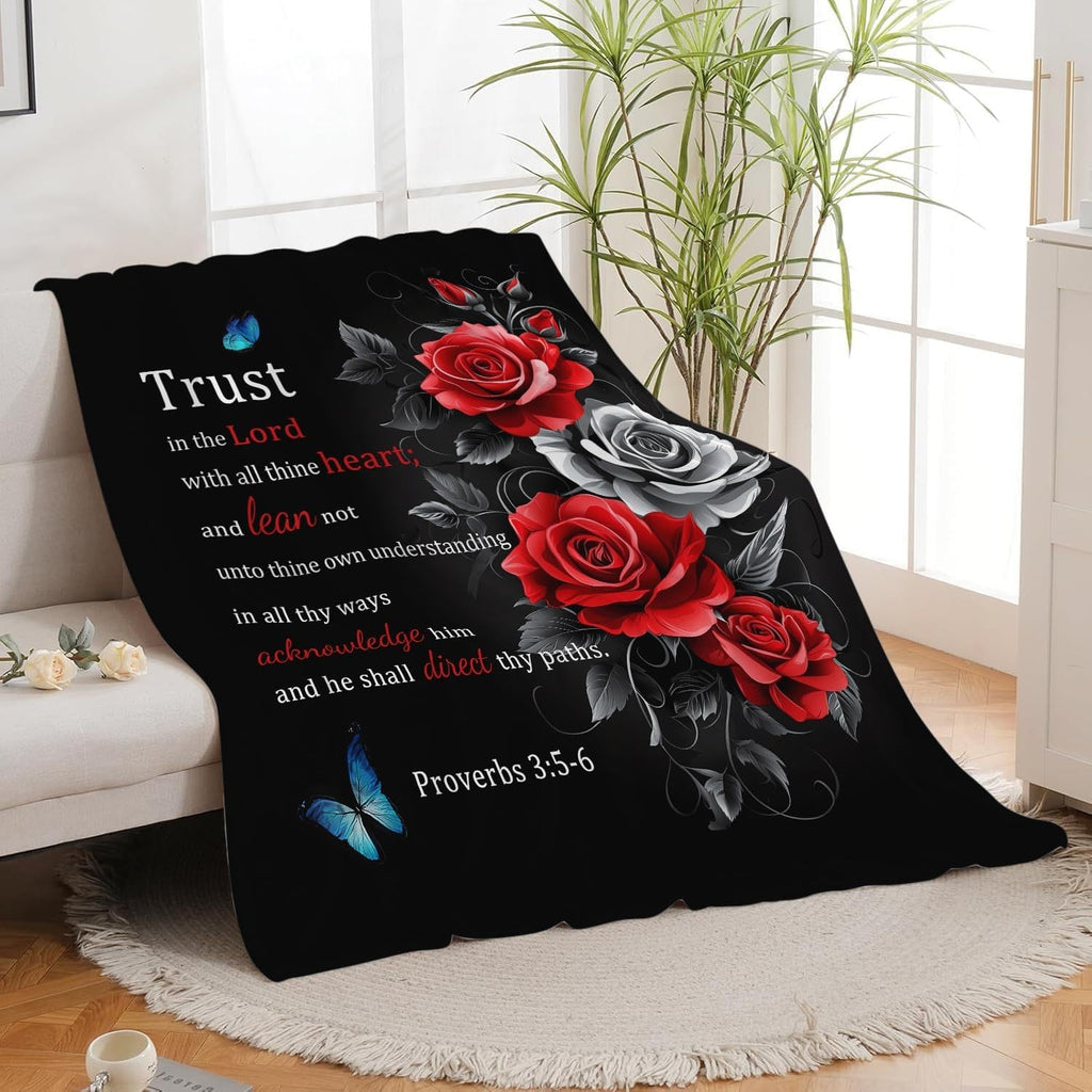 Christian Blanket Bible Verse Throw Blanket Red Rose Inspirational Religious Spiritual Gifts for Girls Boys Kids Adults Women Men Soft Cozy Plush Fluffy Fuzzy Fleece Blanket Decor 40''X50''