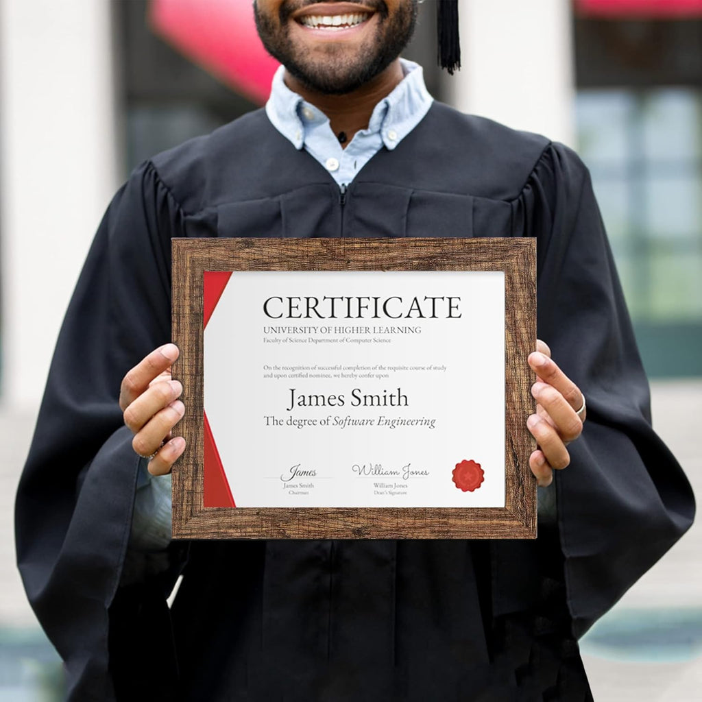 8.5 x 11 Picture Frame Set of 4, Made of Real Glass and Brown Certificate & Diploma Frame, 8.5 by 11 Photo for Wall or Tabletop - Display Picture 6x8 with Mat or 8.5x11 Without Mat