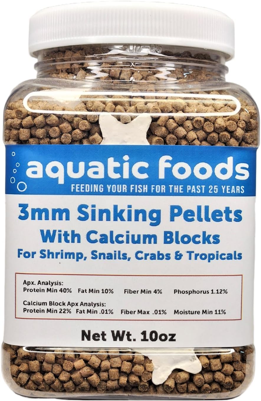 Aquatic Foods Inc. Calcium Shells Included in These 40% Protein 3mm Sinking Pellets for Shrimp, Snails, Crabs, Catfish, Plecos for All Tropical Fish. Pellets by Zeigler...10oz Small Jar