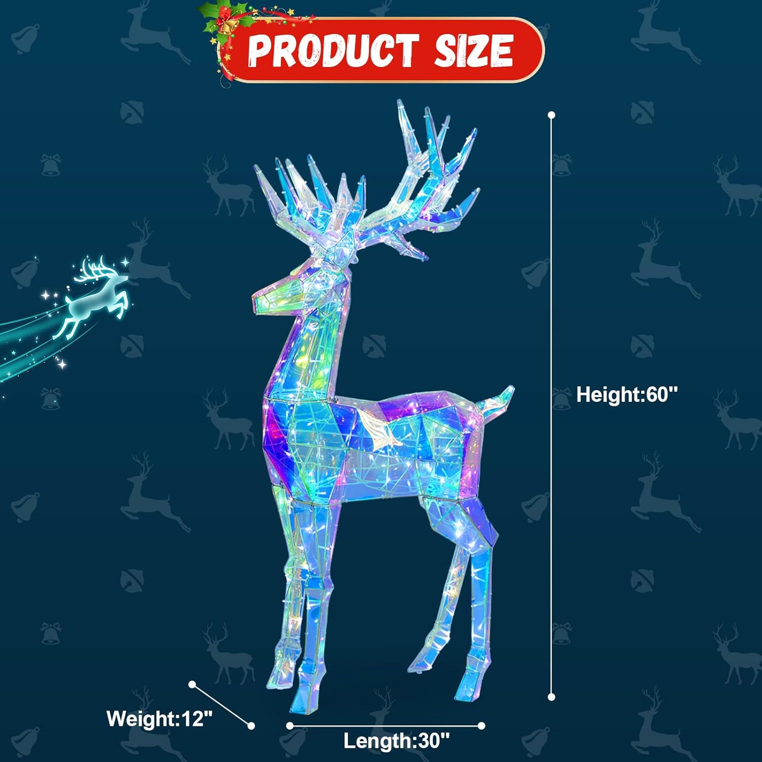 60" Pre-lit Christmas Reindeer, Outdoor Prismatic Iridescent Reindeer with 160 LED Lights, Stakes, Large Lights Up Deer Christmas Decorations Holiday Display for Yard Garden Patio