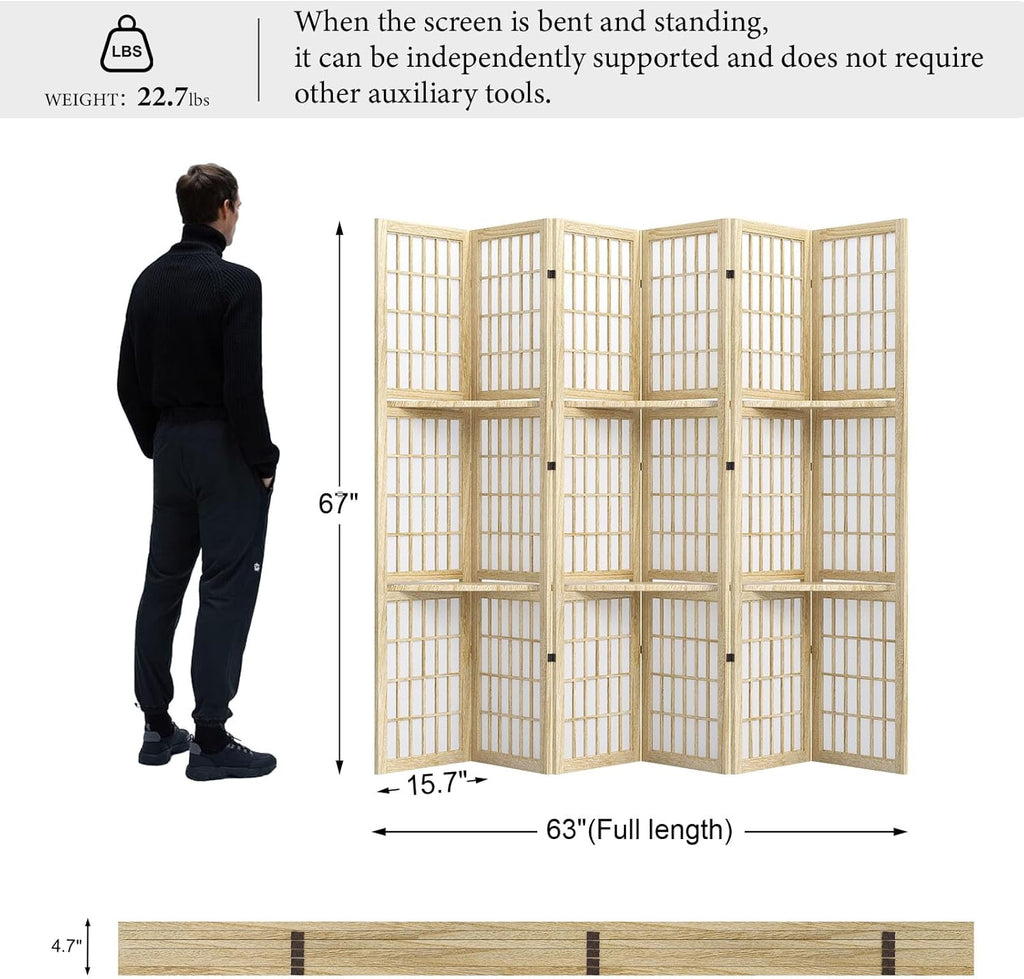 Room Divider with Shelves, 66.9-Inch Tall Japanese Shoji Style Wood Screen with Double Hinges for Home Office Bedroom Hotel Decoration (6 Panels, Natural)