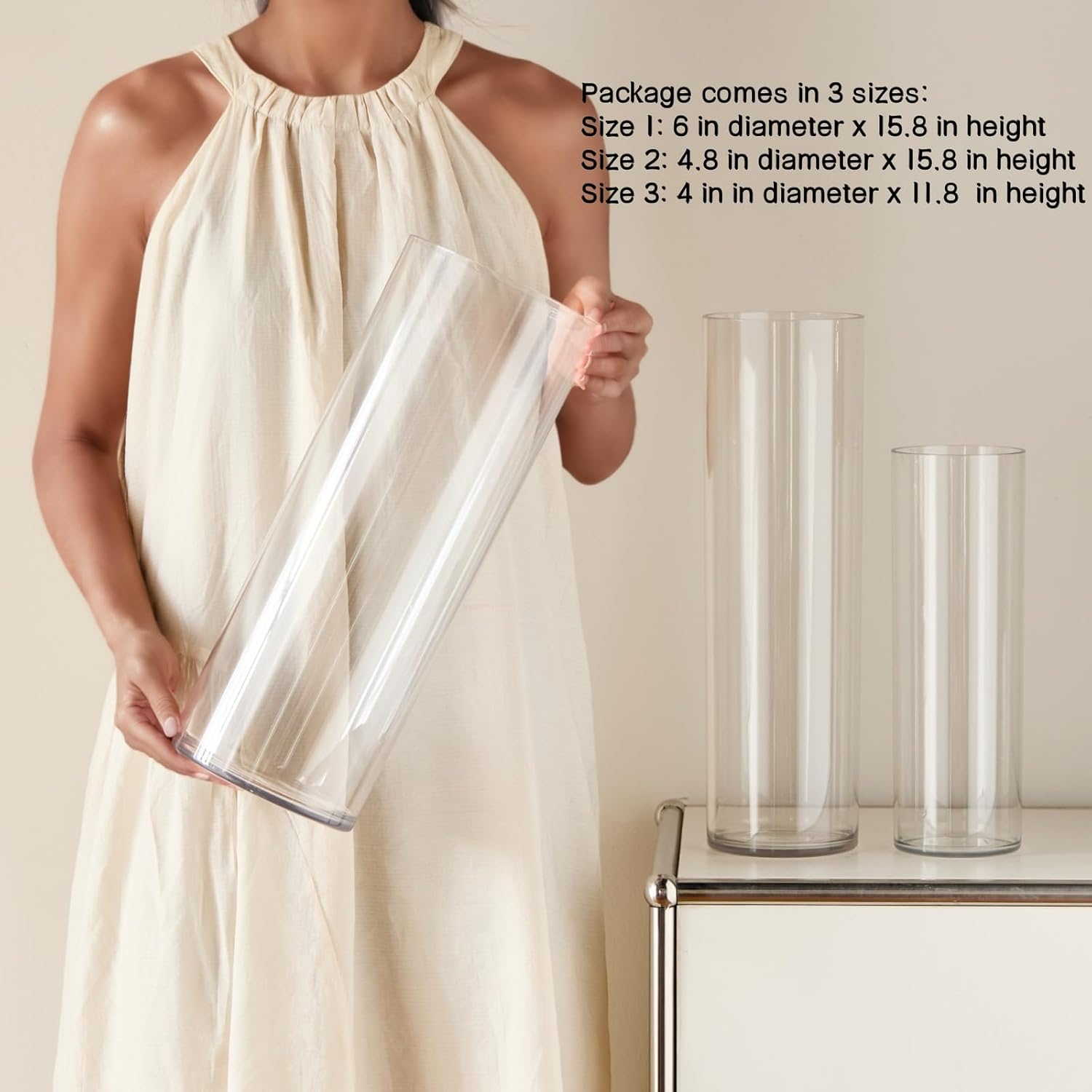 3 Clear Acrylic Cylinder Vase for Centerpieces, Tall Cylinder Plastic Hurricane Vases, Large Unbreakable Flower Vases for Wedding Bouquet (D 4.8", D 6" X H 15.8" +D 4" X H 12")