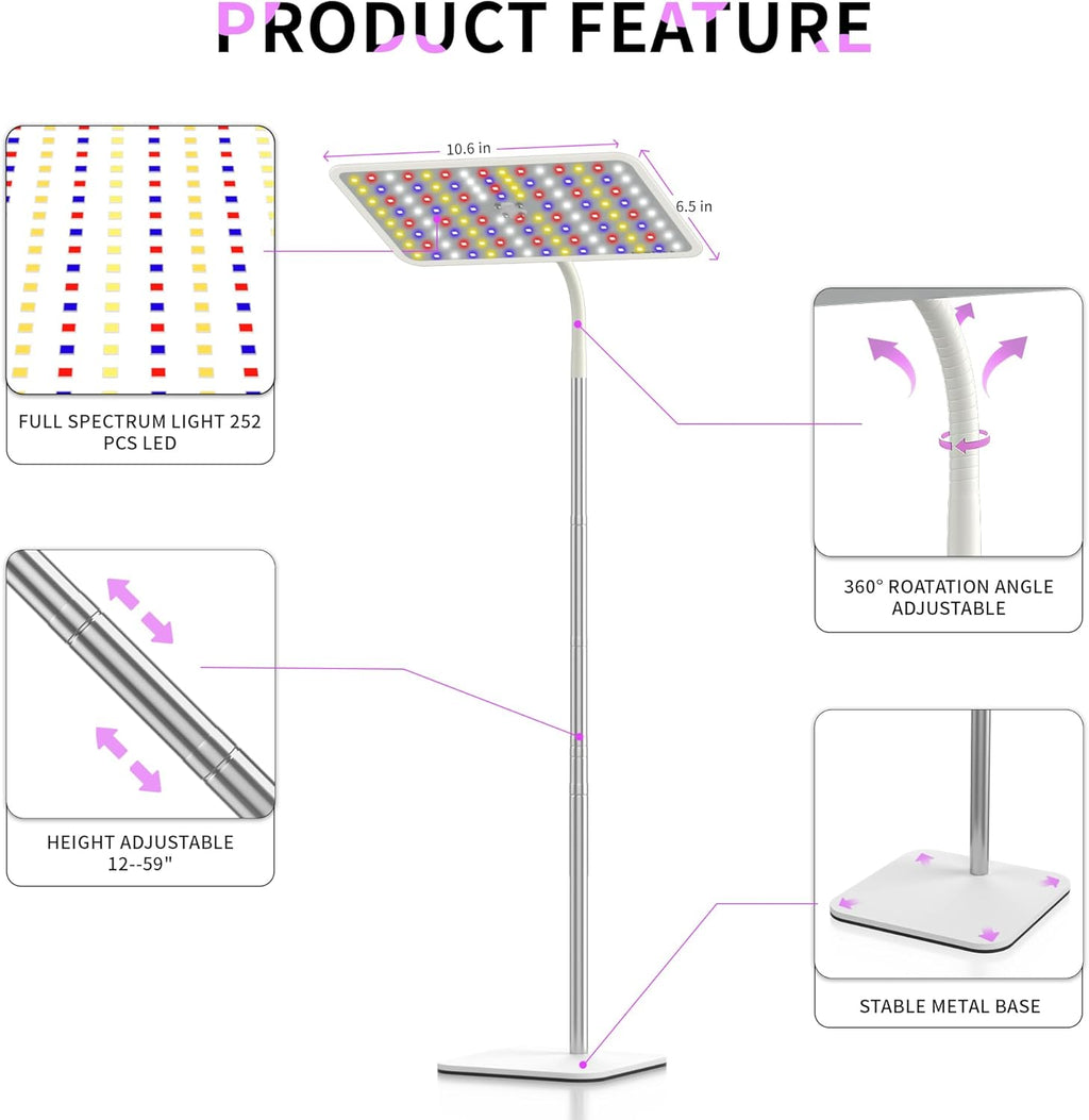 BESTVA 36W Grow Lights with Stand, Full Spectrum LED Plant Light, 12-59 Inch Height Adjustable Growing Lamp with Auto On/Off Timer 4H/8H/12H, 4 Dimmable Brightness