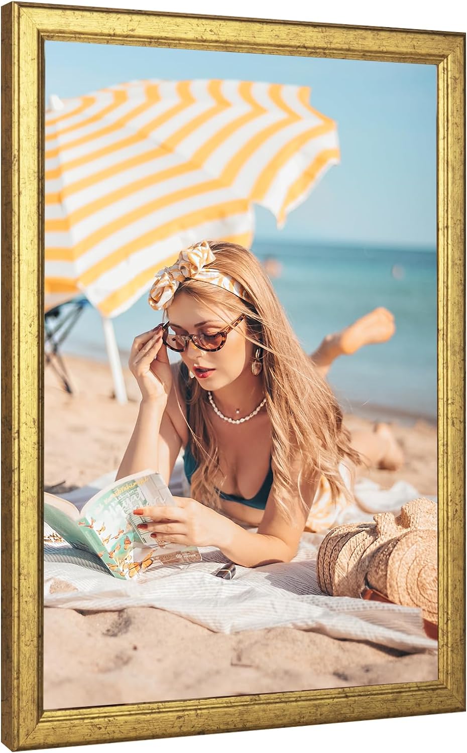 Wood 27x40 Frame Gold, Ornate Natural 40x27in Poster Picture Frame, Modern Golden 27 x 40inch Gallery Wall Photo Frame with HD Plexiglass, Horizontal Vertical Wall Mounting Display 1pcs
