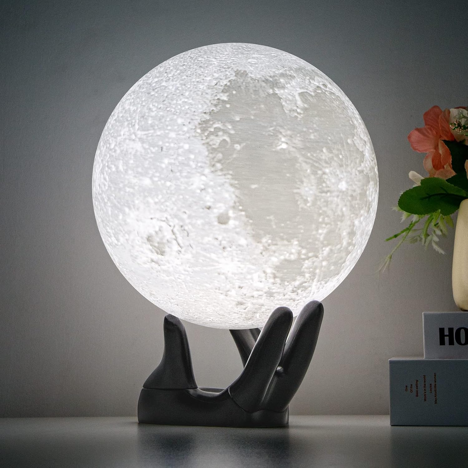 BRIGHTWORLD 5.9inch Moon Lamp 3D Printing Moon Light 16 Colors Night Light, Birthday Gift Mothers Day Gifts for Women Men Girls Boys Kids, Remote/Touch Control USB Rechargeable (Black Hand Stand)