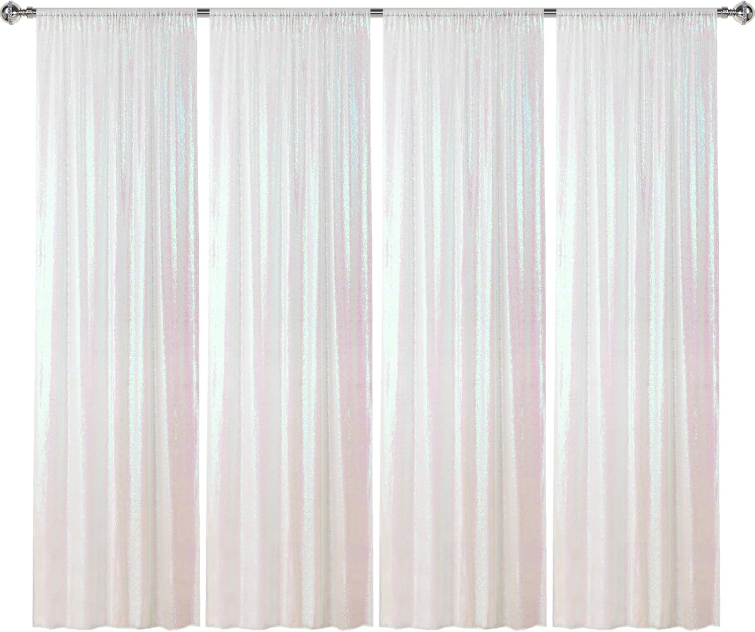 Sugargirl White Iridescent Sequin Backdrop Curtain 4 Panels 2FTx8FT Glitter White Iridescent Background Drapes Sparkle Photography Backdrop for Party Wedding Birthday Wall Decoration