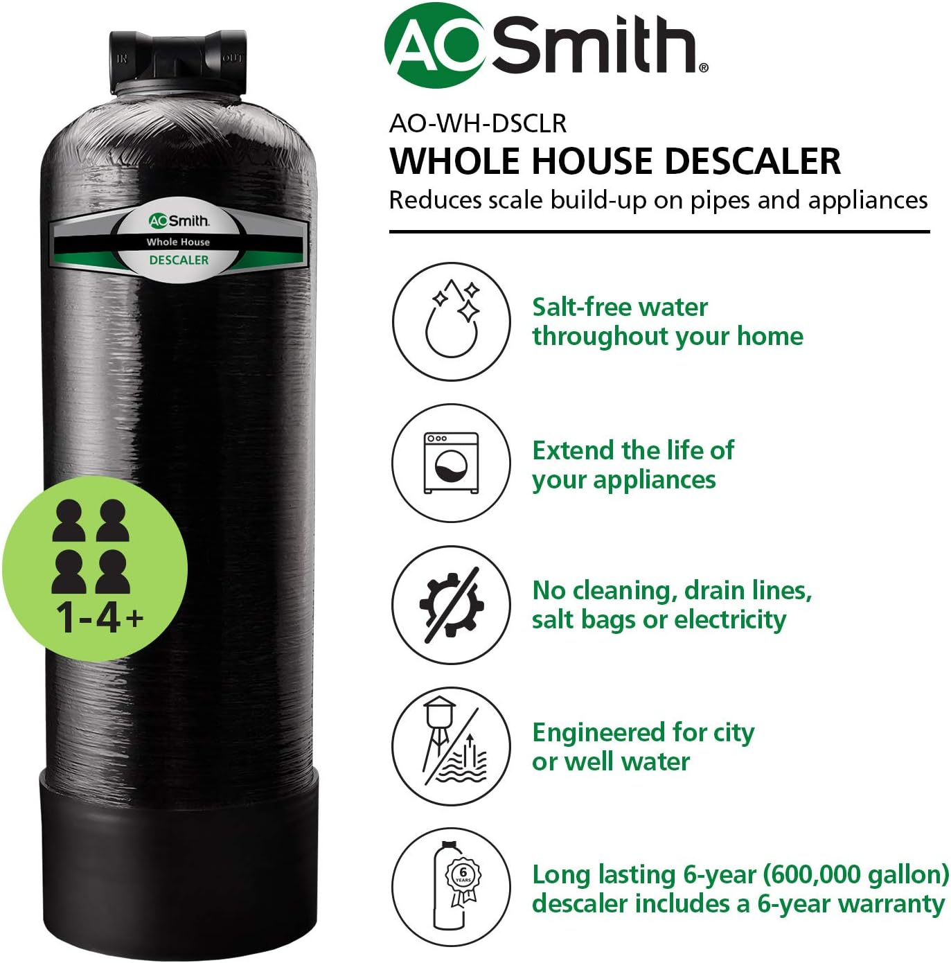 AO Smith Whole House Salt Free Descaler System - Works with City & Well Water Filters - 6yr, 600,000 Gl - Water Softener Alternative for Home - AO-WH-DSCLR