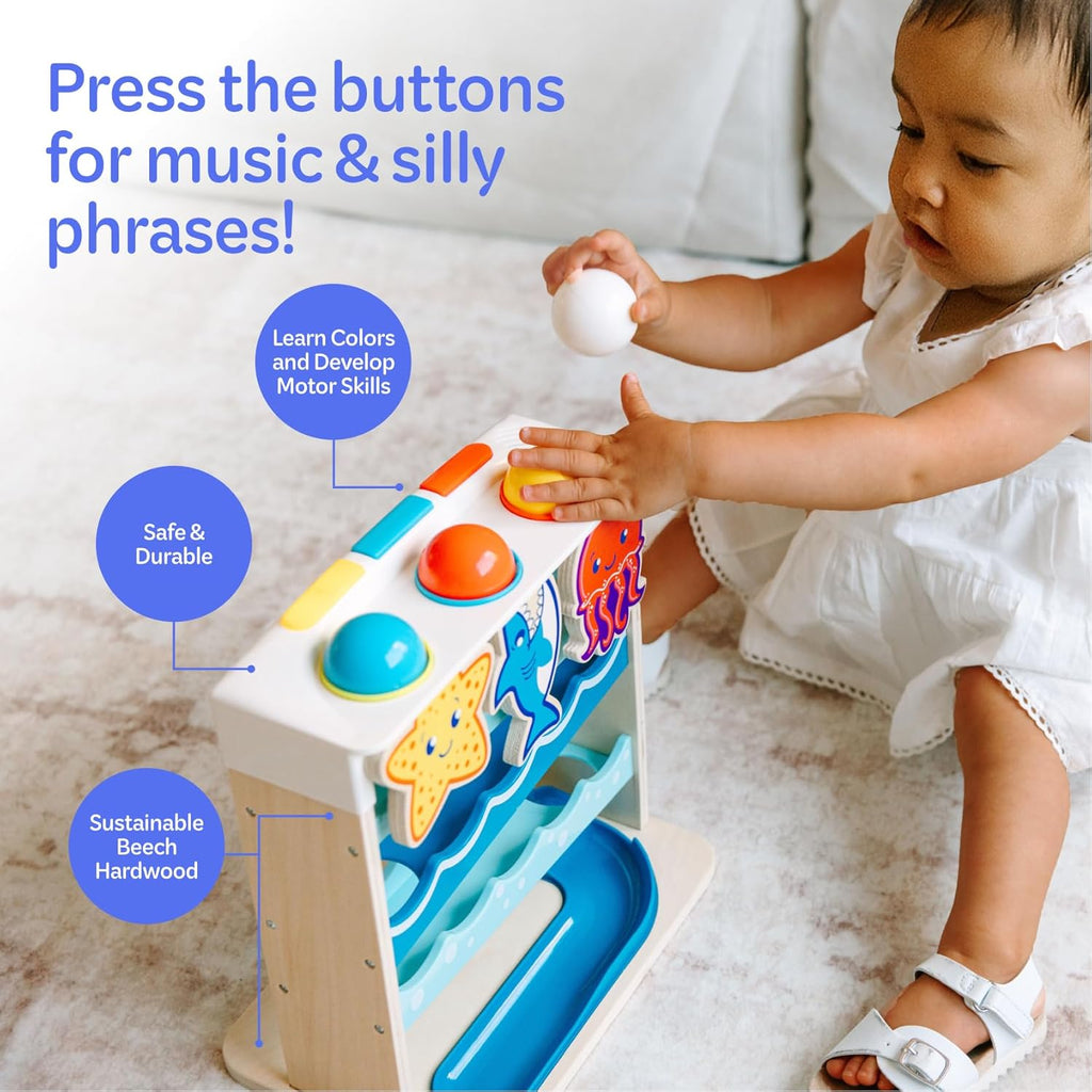 Move2Play, Wooden Ocean Friends | 30+ Fin-Tastic Songs & Phrases | Baby & Toddler Musical Toy | First Birthday Present for 1+ Year Old | Ages 6-24 Months | Boy & Girl Ball Drop Toy