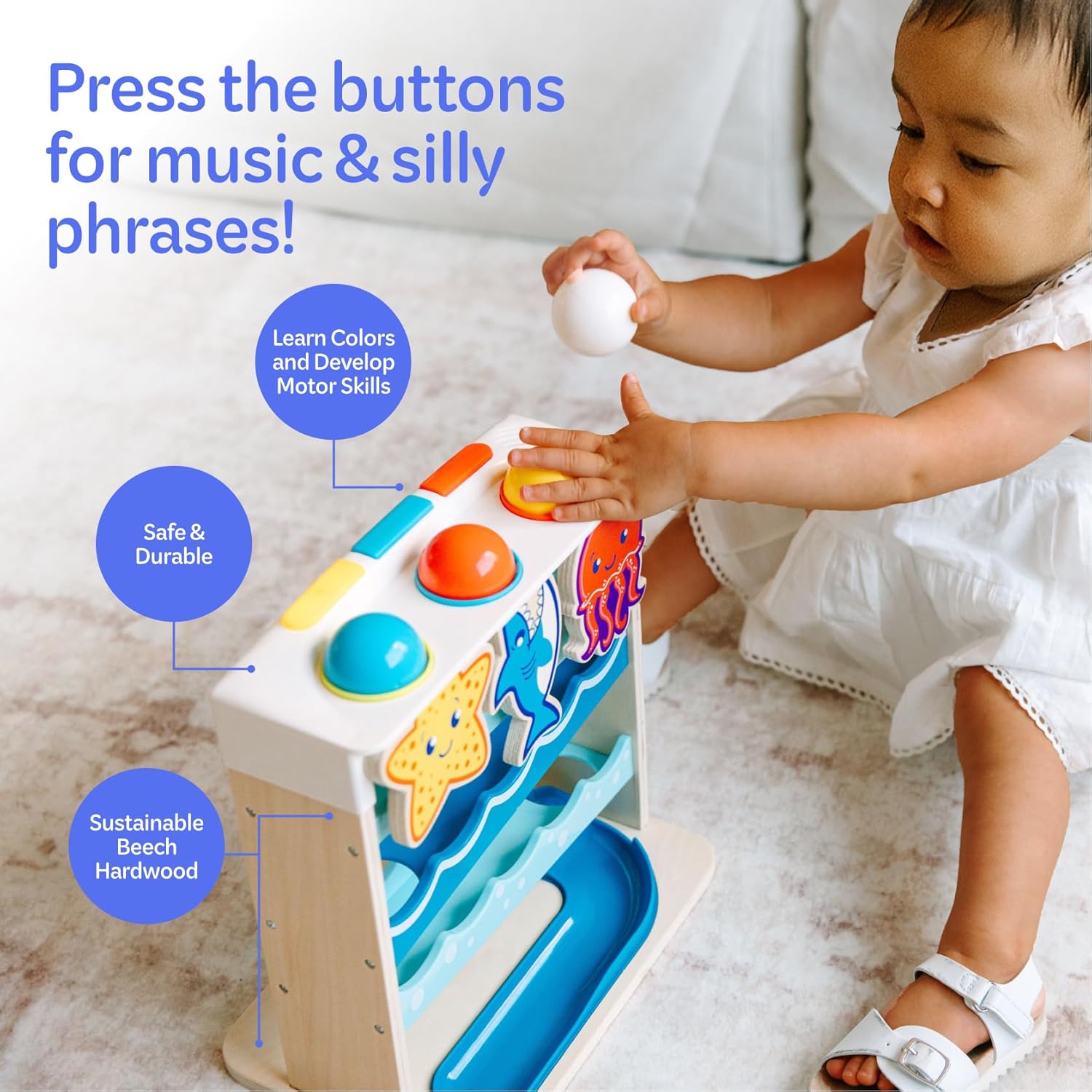 Move2Play, Wooden Ocean Friends | 30+ Fin-Tastic Songs & Phrases | Baby & Toddler Musical Toy | First Birthday Present for 1+ Year Old | Ages 6-24 Months | Boy & Girl Ball Drop Toy