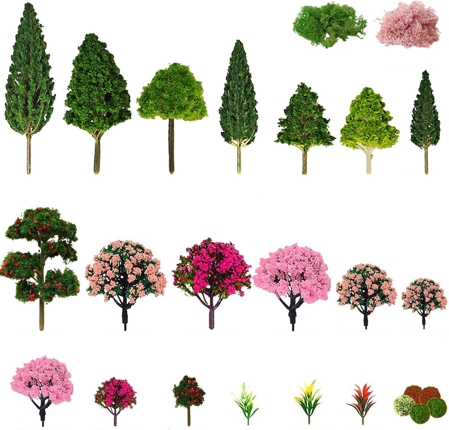 Mixed Model Trees, Model Train Scenery, 37Pcs, Miniature Trees with Moss for Building Model, Natural Green Landscape, Railroad Scenery