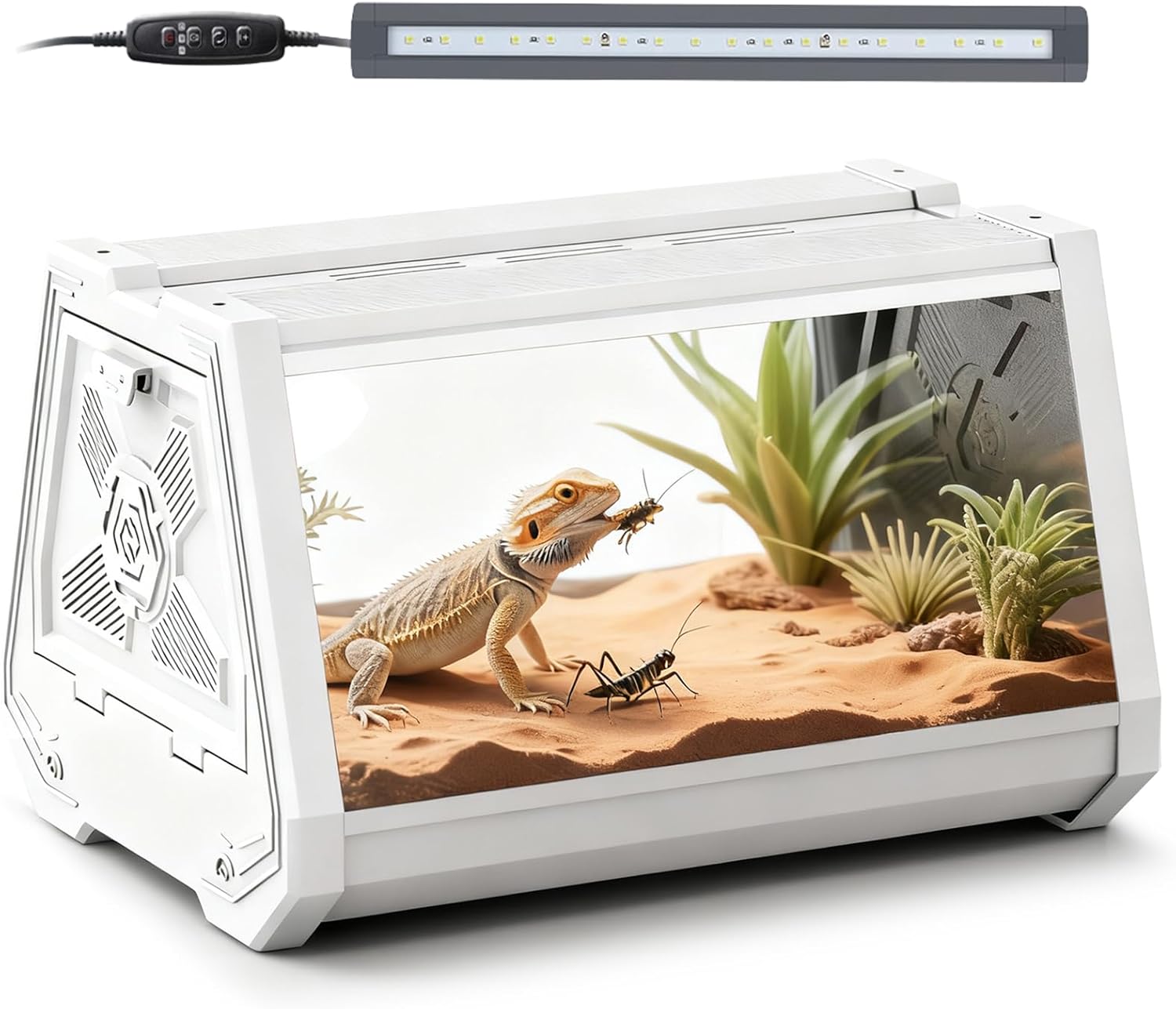 Smart Lighting Reptile Terrarium with Timer & Dual-Mode LED/UVB - Adjustable Brightness All-in-One Habitat, Wide View Escape-Proof Dual Doors for Gecko, Frog, Tarantula, Snake or Insects