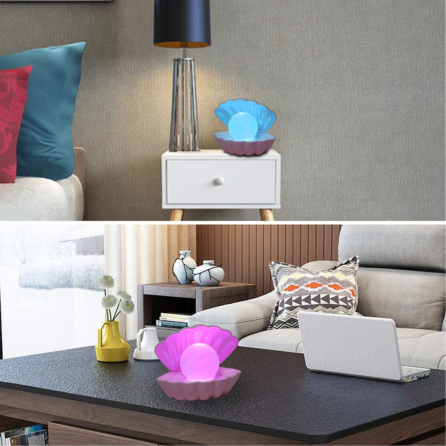 Shell Pearl Beach Themed Night Light, RGB 8 Colors Changing Mood Shell Pearl Lamps, Bedside LED Clamshell Portable Night Lights for Bar (Pink)