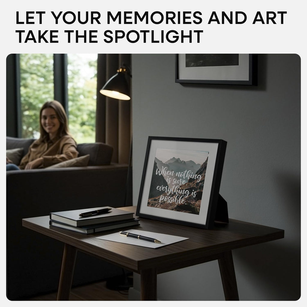 Homeforia 10x10 Black Picture Frame, High End Metal 10 by 10 Square Frames with Mat 8 x 8 Opening, 10by10 Poster Frames Matted to 8x8 Photo, Wall or Tabletop Frames, Tempered Glass, Wall Kit, Set of 4