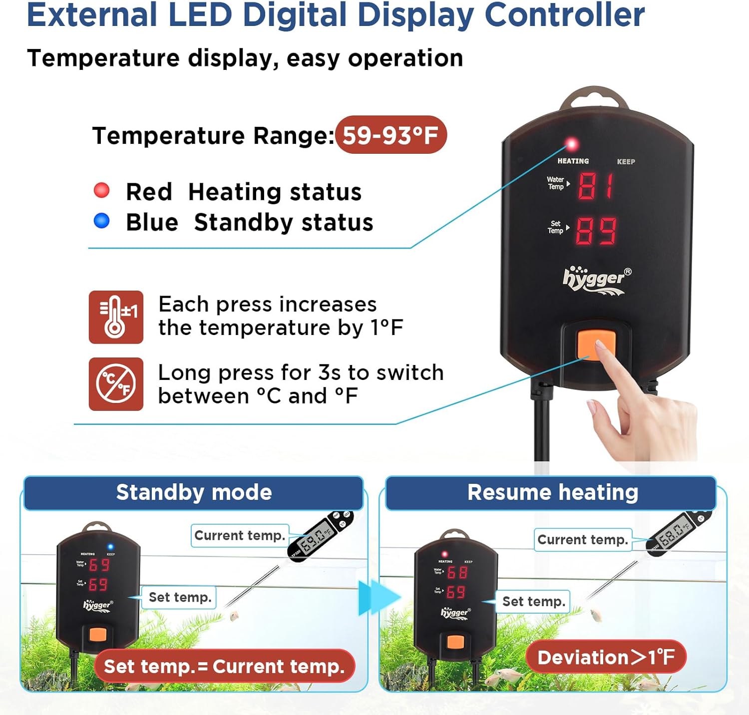 hygger Aquarium Arowana Heater,800W Removable Shell Submersible Fish Tank Heater with LED Digital Display,800W for 80-220 Gallon Medium and Large Freshwater and Saltwater Fish Tank