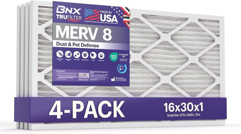 BNX TruFilter 16x30x1 Air Filter MERV 8 (4-Pack) - MADE IN USA – Dust & Pet Defense Electrostatic Pleated Air Conditioner HVAC AC Furnace Filters for Dust, Pet, Mold, Pollen MPR 600 – 700 & FPR 5