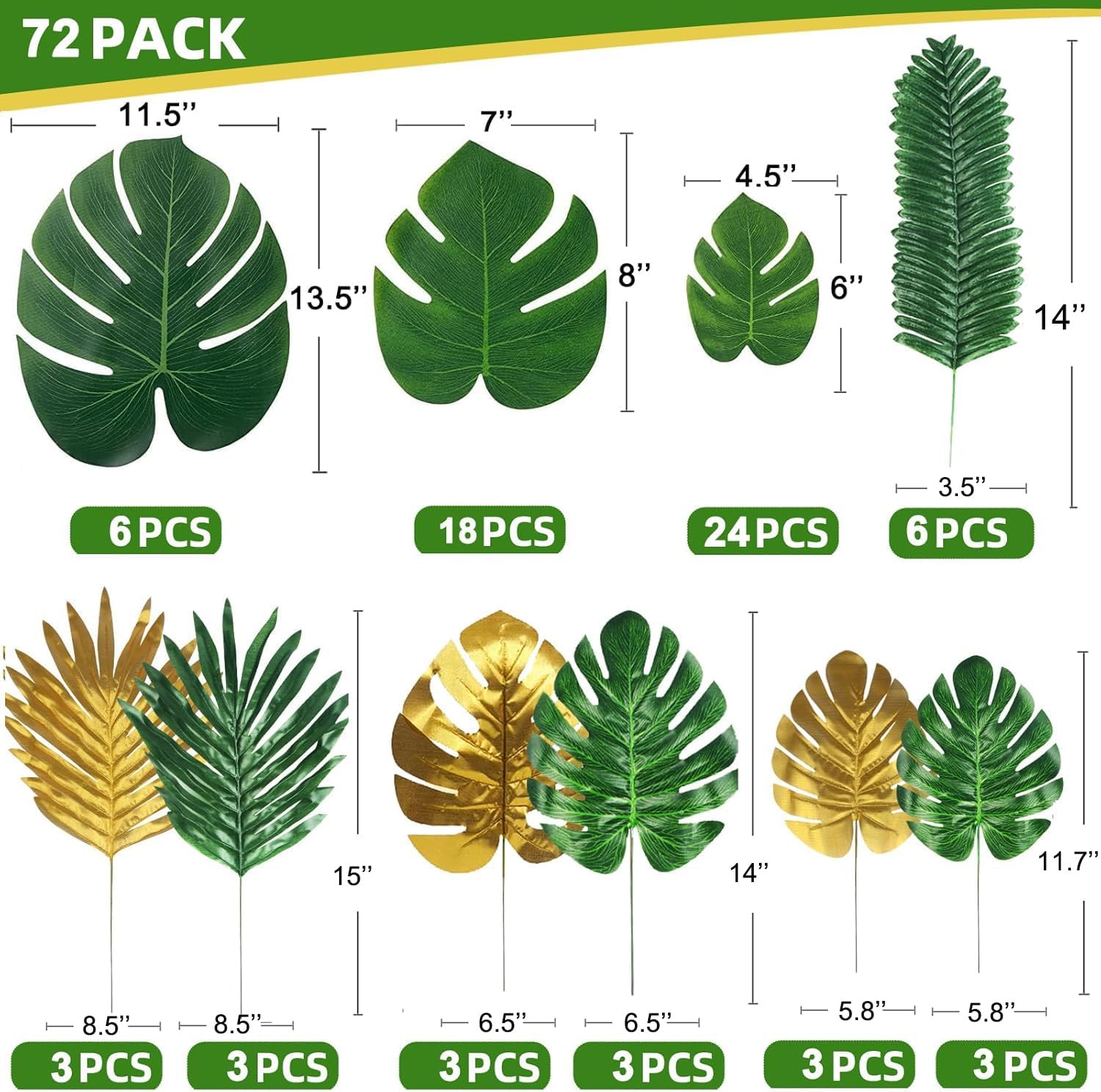 72 Pieces 10 Kinds Artificial Palm Leaves Golden Tropical Leaves with Stems Jungle Leaves Decorations for Hawaiian Luau Party Beach Baby Shower Wedding Birthday