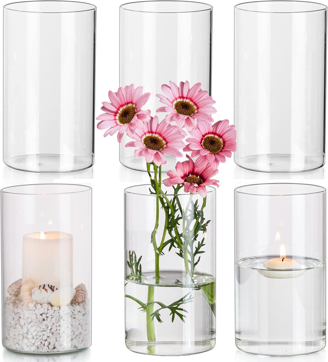 Hewory Glass Cylinder Vases Set of 6, Hurricane Candle Holders for Pillar or Floating Candles, Tall Clear Vase for Centerpieces, Round Vases for Wedding Anniversary Events Home Table Decor, 5.9in