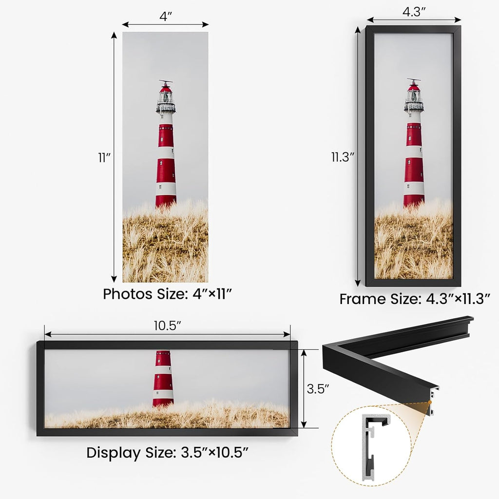 4x11 Aluminum Metal Picture Frame,Tempered Glass Black Photo Frame 4x11 for Family Photo,Posters,Art,Document to Wall Mount Horizontally or Vertically