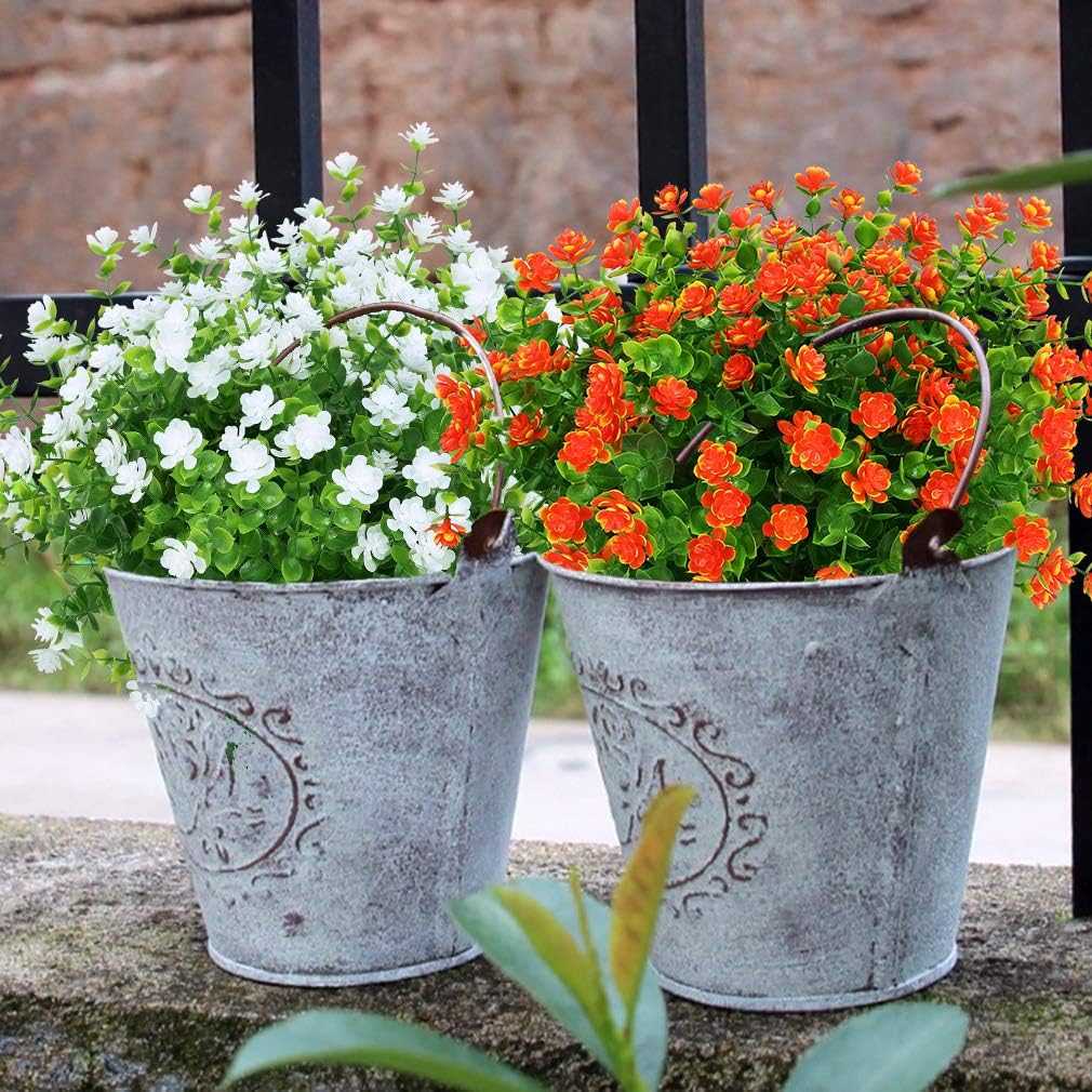 12 Bundles Outdoor Artificial Flowers UV Resistant Fake Boxwood Plants, Faux Greenery for Indoor Outside Hanging Plants Garden Porch Window Box Home Wedding Farmhouse Décor (Orange Red)