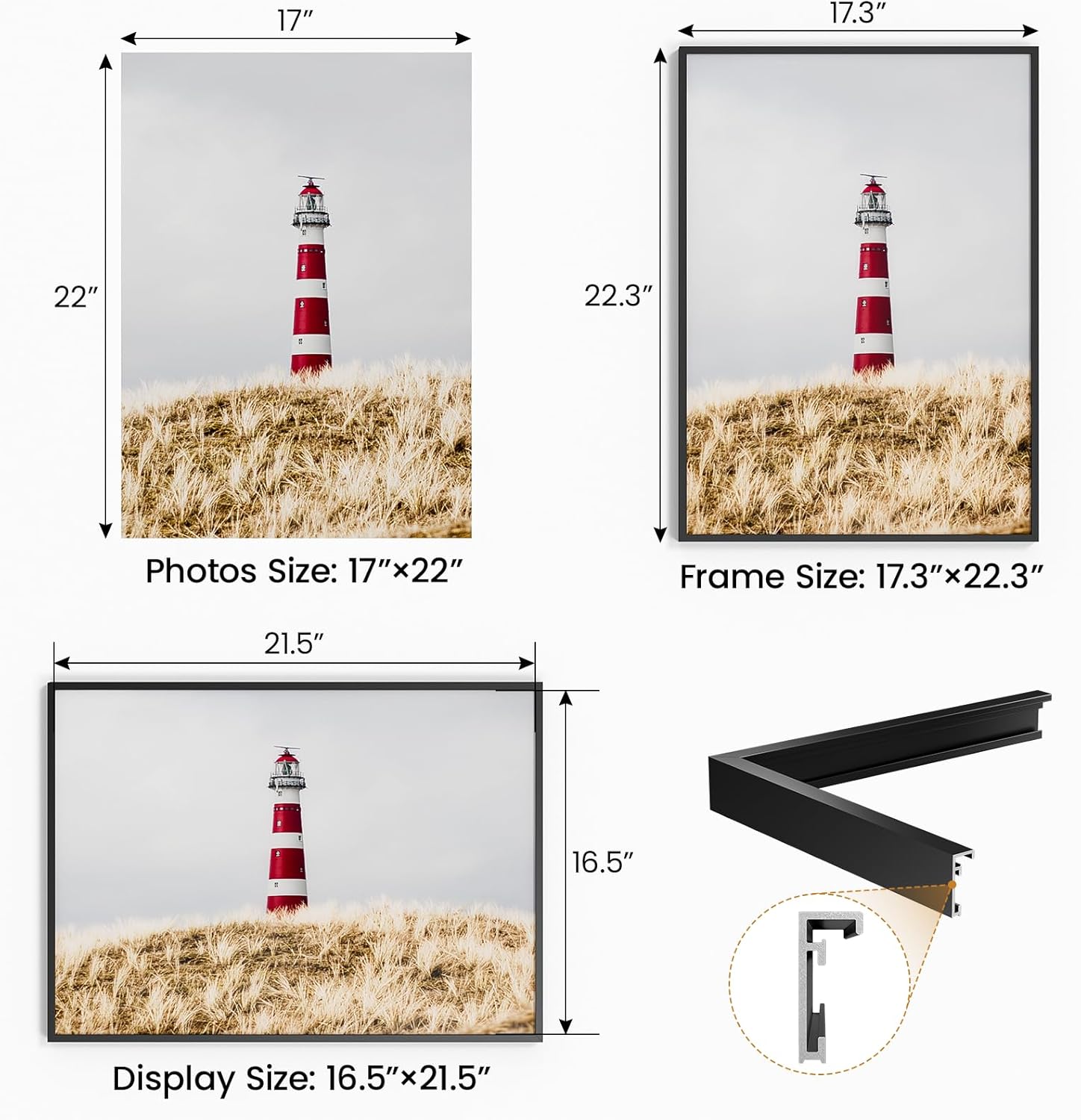 17x22 Aluminum Metal Picture Frame,Tempered Glass Black Photo Frame 17x22 for Family Photo,Posters,Art,Document to Wall Mount Horizontally or Vertically