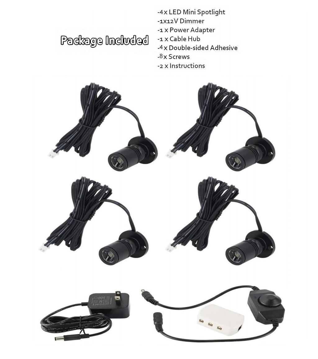 Dimmable 12V LED Mini Spotlights for Display - 1.5W Warm White 3000K, Small Spotlights for Displays with Dimmer, Black - Set of 4