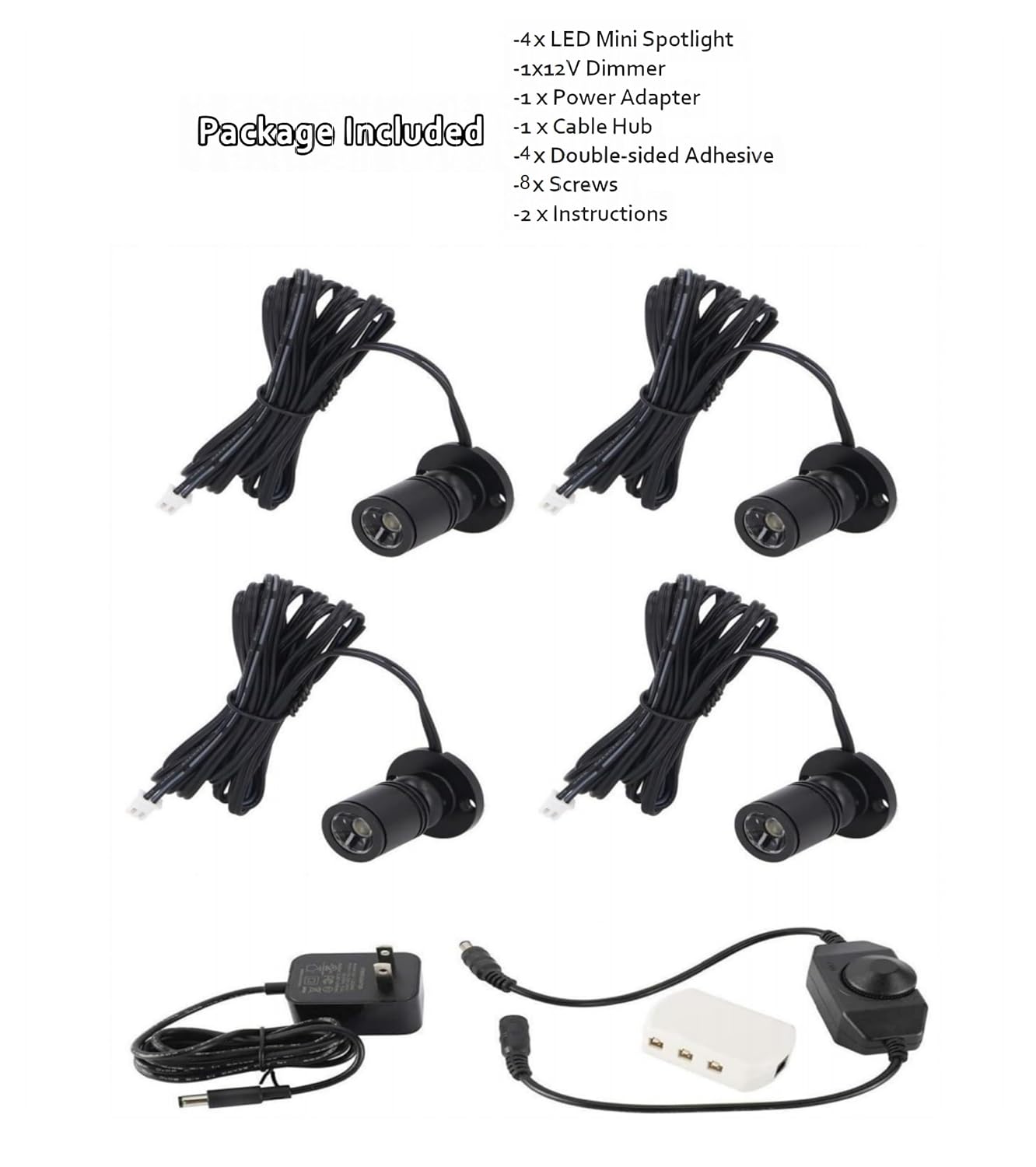 Dimmable 12V LED Mini Spotlights for Display - 1.5W Warm White 3000K, Small Spotlights for Displays with Dimmer, Black - Set of 4