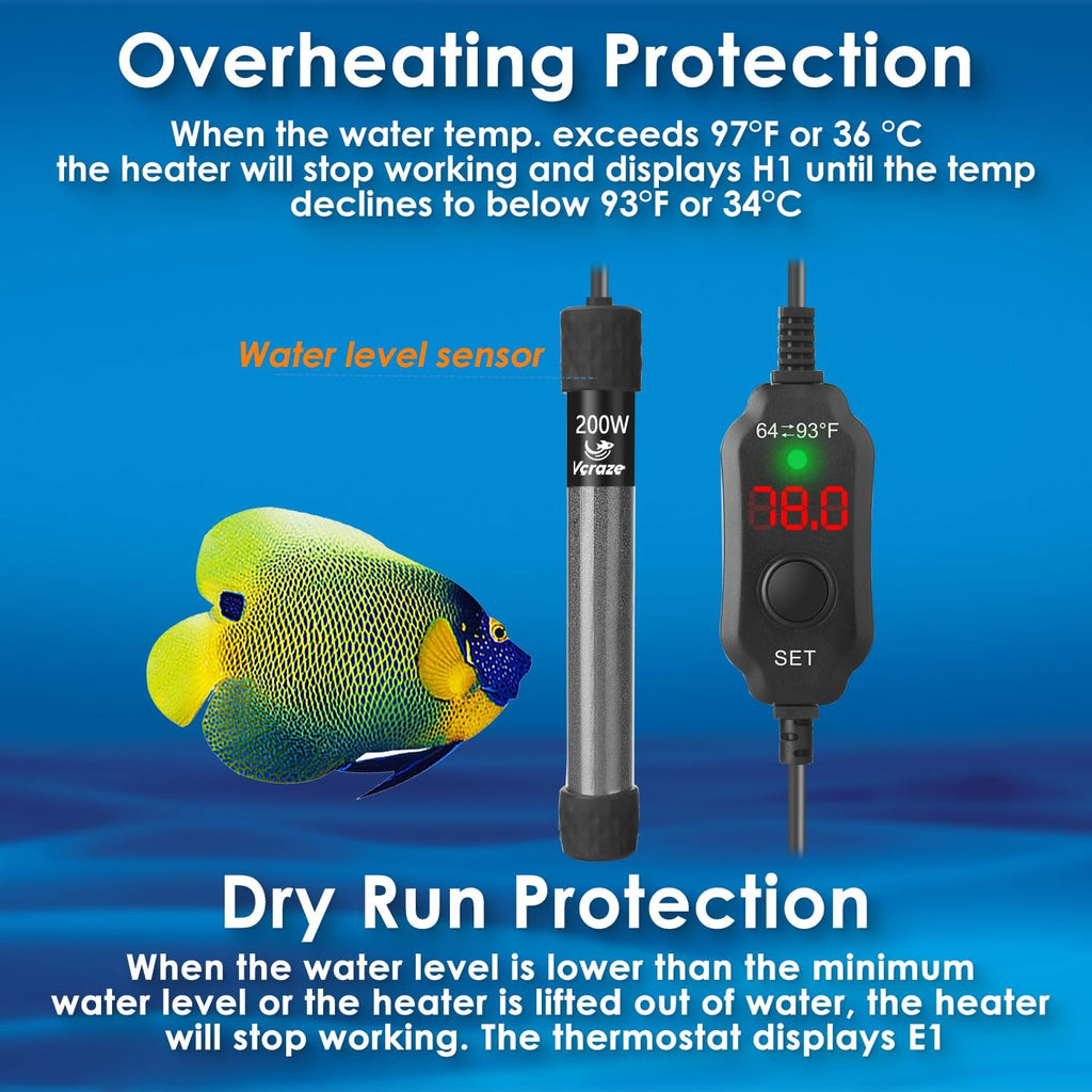 Super Compact 200W Fish Tank Heater, Submersible Aquarium Heater with LED Digital Display Thermostat, Adjustable Fish Heater for 20-40 Gallon Tanks