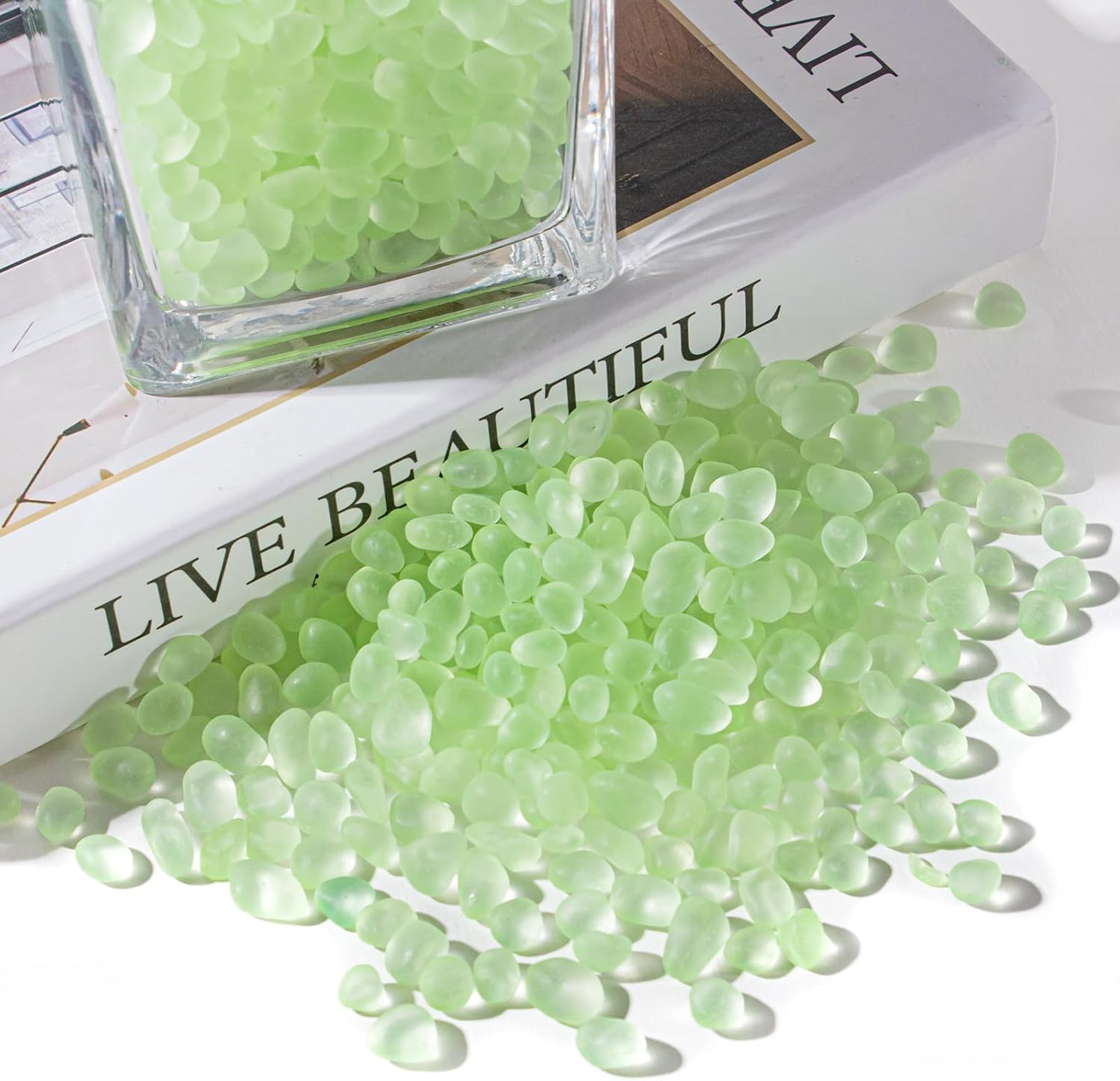 Keedolla 14oz Sea Glass Stones Frosted Glass Pebbles Gemstones for Aquarium Gravel Fish Tank Rocks, Vase Fillers, DIY Crafts - Fluorescent Green