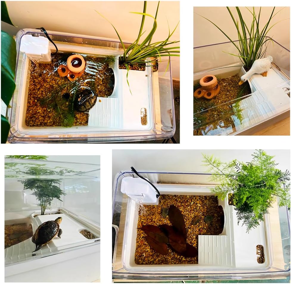 Flushbay Turtle Tank with Basking Platform Multi-Functional Areas Acrylic Turtle Aquarium Tank with 360° Panoramic View for Turtles, Crayfish Crab and Lizardt (White)