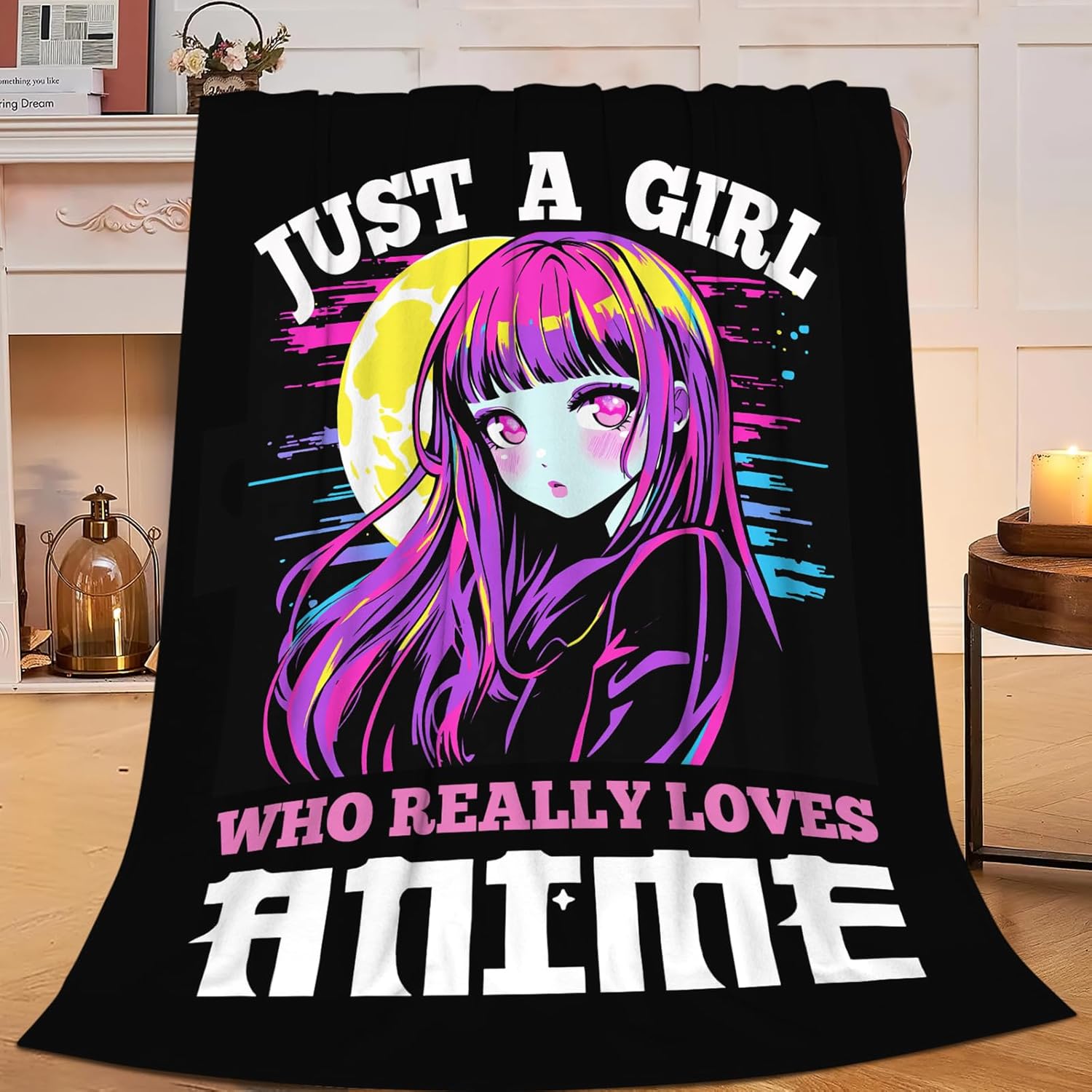 Just A Girl Who Loves Anime Throw Blanket Anime Print Throw Blankets Gifts for Couch Sofa Bed Stuff Decor Soft Cozy Fleece Plush Warm Flannel Bedding for Lover 50"x60"