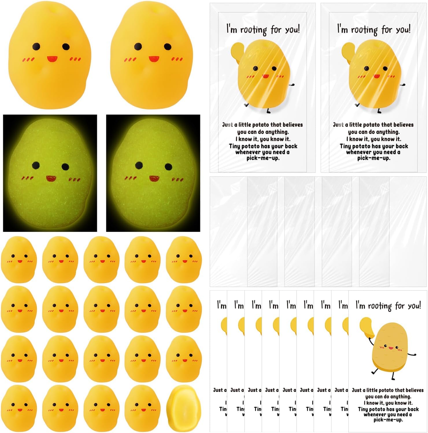 Wettarn 30 Sets Emotional Luminous Potato Stress Ball Gifts Bulk Office Christmas Appreciation Gift Cute Squeeze Mini Stress Relief Ball Positive Card Potato for Coworker Employee Nurse Staff