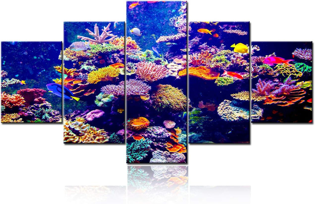 Ocean Wall Art for Living Room Coral Reef Pictures Underwater World Paintings Multi Panel Printed on Canvas Purple Blue Artwork Home Aquarium Modern Decor Framed Giclee Ready to Hang(60''Wx32''H)