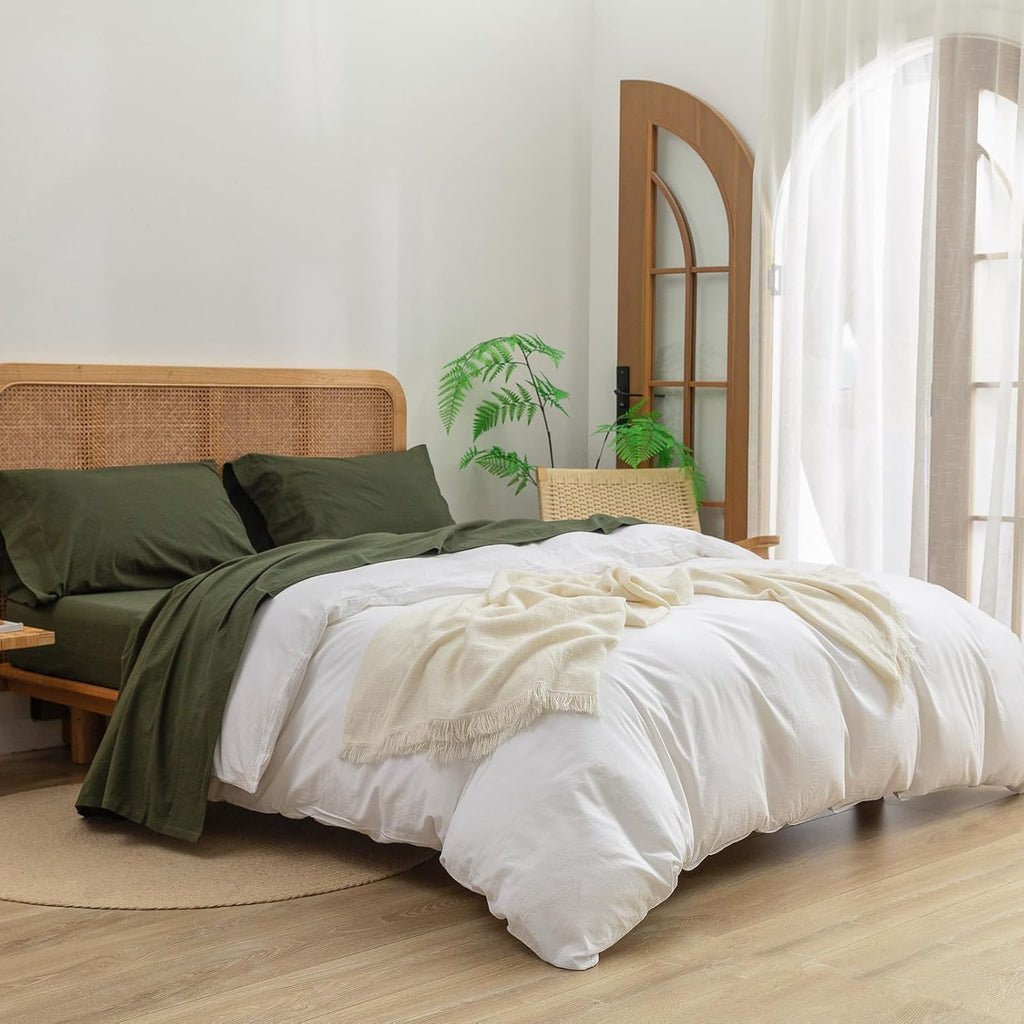 BESTOUCH Sheet Set 100% Washed Cotton Linen Feel Super Soft Comfortable Chic Lightweight 4 Pcs Home Bedding Set Solid Olive Green Queen