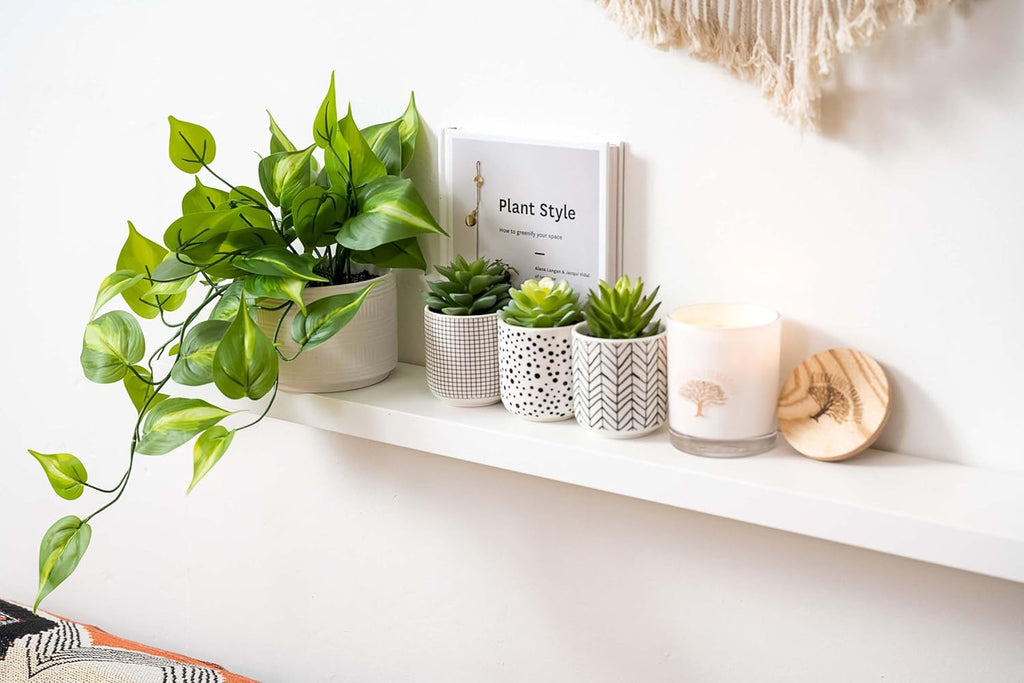 Kurrajong Farmhouse Dark Green Fake pothos | Fake Plant for Shelf Decor | Artificial Trailing Ivy Plant with 5" Wide x 3.5" high Ceramic Pot Faux pothos Plant for Floating Shelves