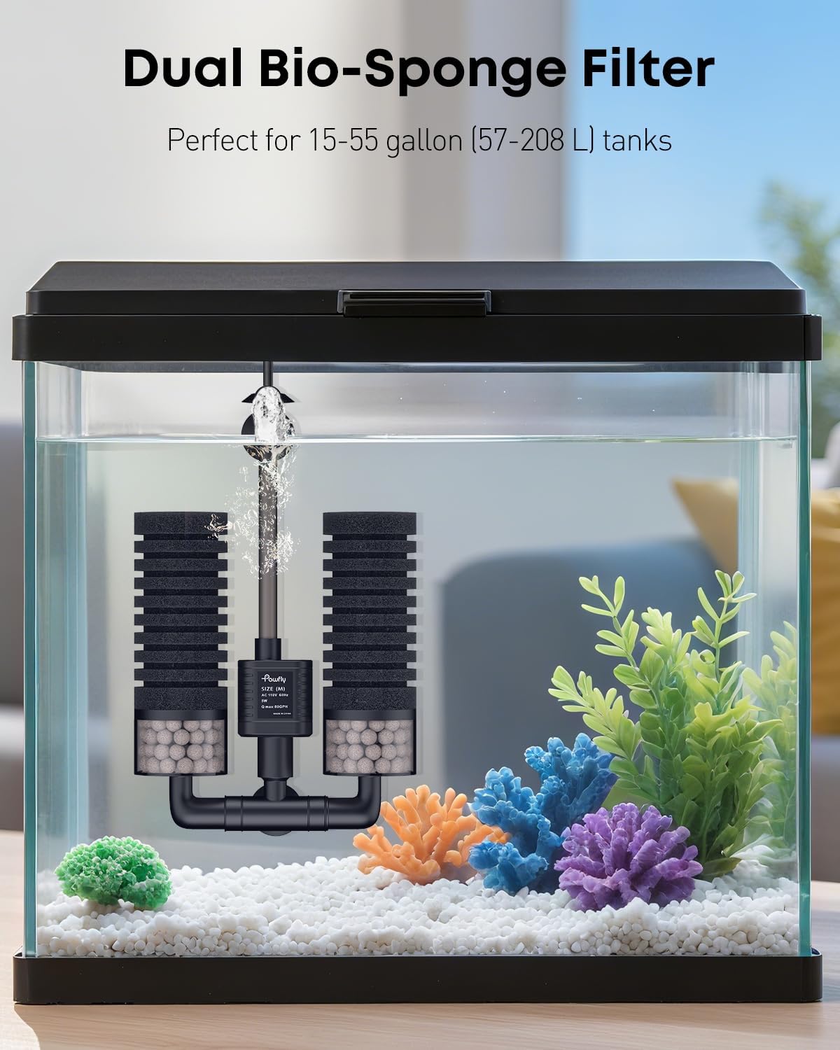 Pawfly Aquarium Sponge Filter, 5 W Submersible Small Aquarium Filter, 80 GPH Fish Tank Filter with Water Pump, Ceramic Balls & Double Foams, Quiet Bio Sponge Filter for 15-55 Gallon Tanks