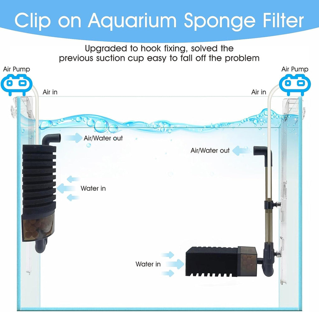 5-10 Gal Aquarium Air Sponge Filter, with Bio Ceramic Media Ball and 2 Sponges, for Axolotl Breeding Fry Betta Shrimp Nano Fish Tank,Upgrade Clip Installation