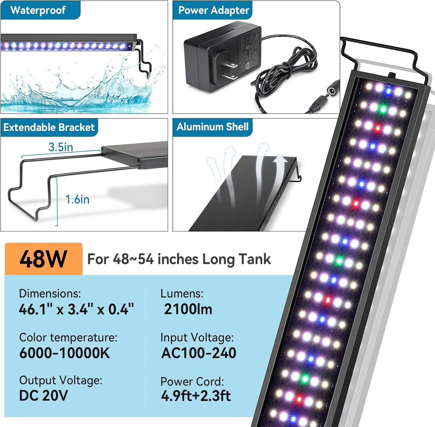 hygger Aquarium LED Light Fish Tank Full Spectrum Lighting with 24/7 Day-Night Cycle Mode & Auto On/Off Timer, 7 Color Options, Dimmable, Extendable Bracket for 48~54in Tank Plant Lights