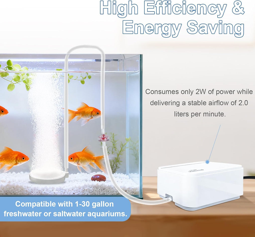 Boxtech Fish Tank Air Pump - Ultra-Quiet Aquarium Aerator for Fish with Air Stone, Check Valve, Control Valve and Air Tube for 1 to 30 Gallon Tanks