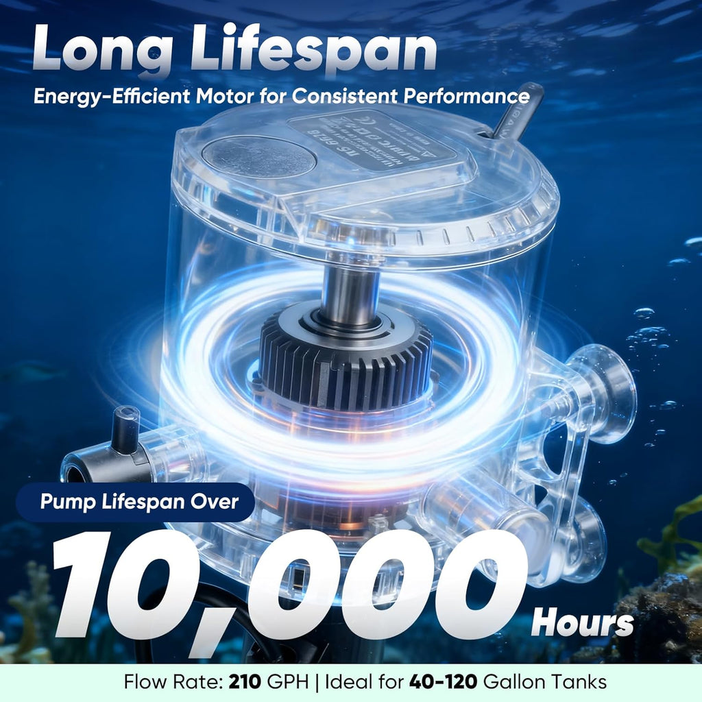 Aquarium Filter for 40–120 Gallon Tanks, 210 GPH Internal Pump, Sponge Filtration, Quiet Small Turtle Tank Filter