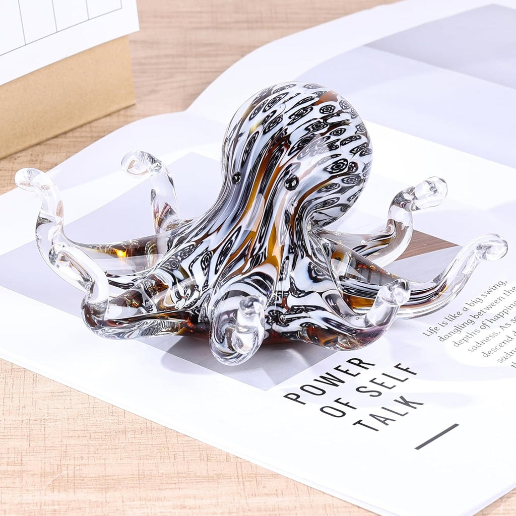 LCCCK Glass Octopus Statue Home Decor, Hand Blown Glass Decor Ocean Figurines Octopus Sculpture, Murano Art Office Desk Paperweights Fish Tank Aquarium Sea Animals Christmas Birthday Gift (Black)