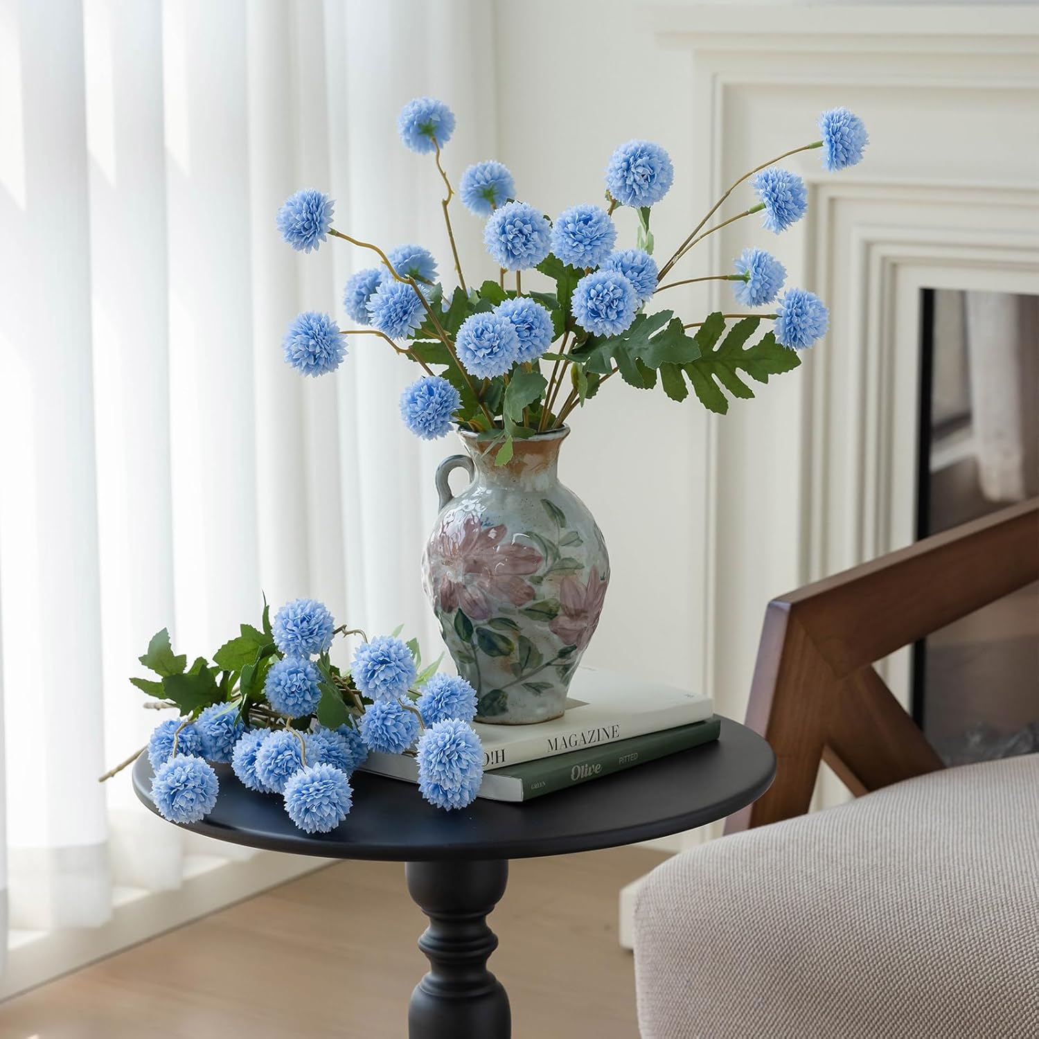 mizii 6Pcs Blue Fake Silk Pompon Mum Artificial Flowers Bulk Small Faux Chrysanthemums with Stems Realistic Floral Decorations for Wedding DIY Bouquet Centerpieces Shower Vase Home Decor (Light Blue)