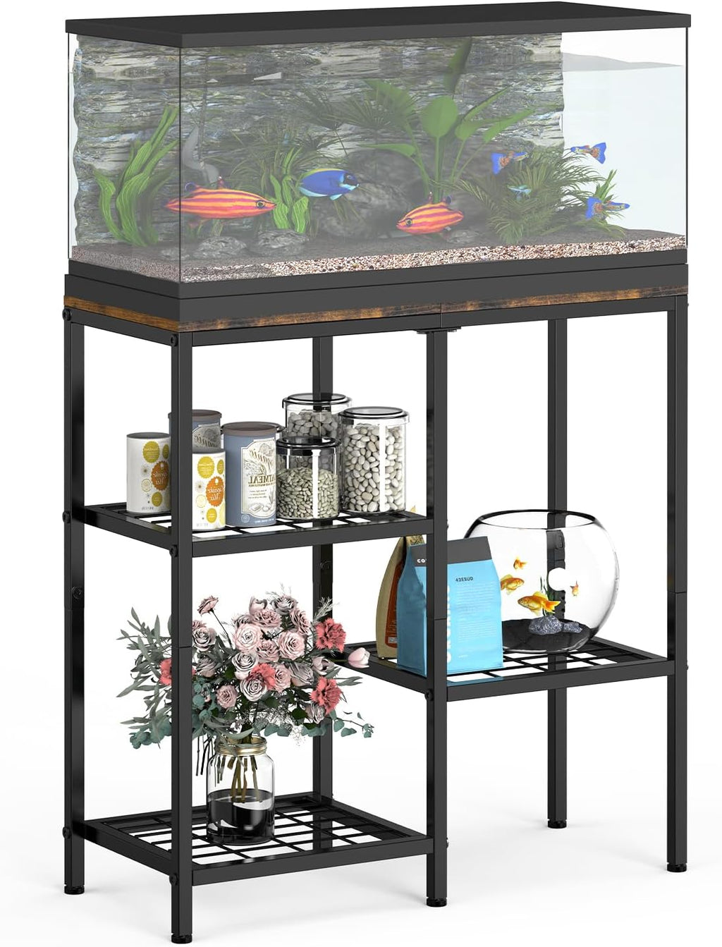 YBING 20 Gallon Fish Tank Stand Aquarium Stand with Board Reptile Tank Stand with 3-Tier Small Mesh Shelves 29" L x12 W x 30" H Brown