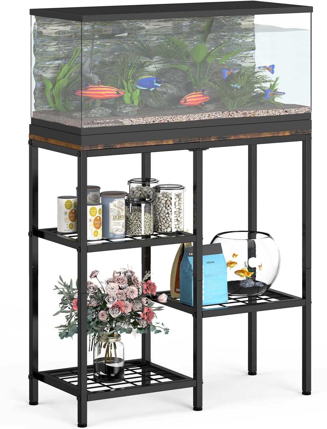 YBING 20 Gallon Fish Tank Stand Aquarium Stand with Board Reptile Tank Stand with 3-Tier Small Mesh Shelves 29" L x12 W x 30" H Brown