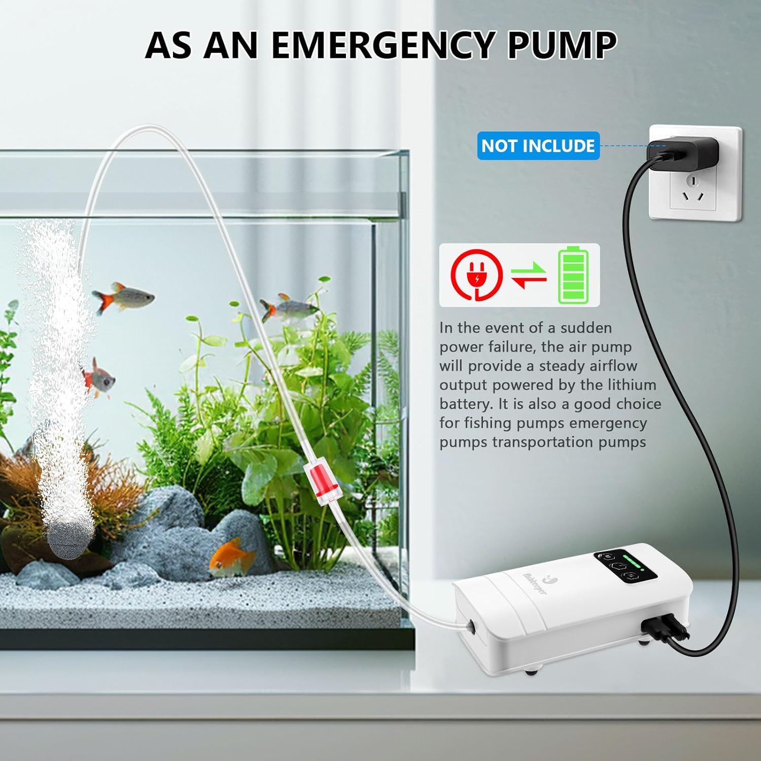 fishkeeper Rechargeable Aquarium Air Pump, Aerator Fish Tank Air Pump Up to 60 Gallons Portable Battery Powered Oxygen Pump with Clip for Most Bait Buckets, Power Outages and Emergency (2W 30GPH)